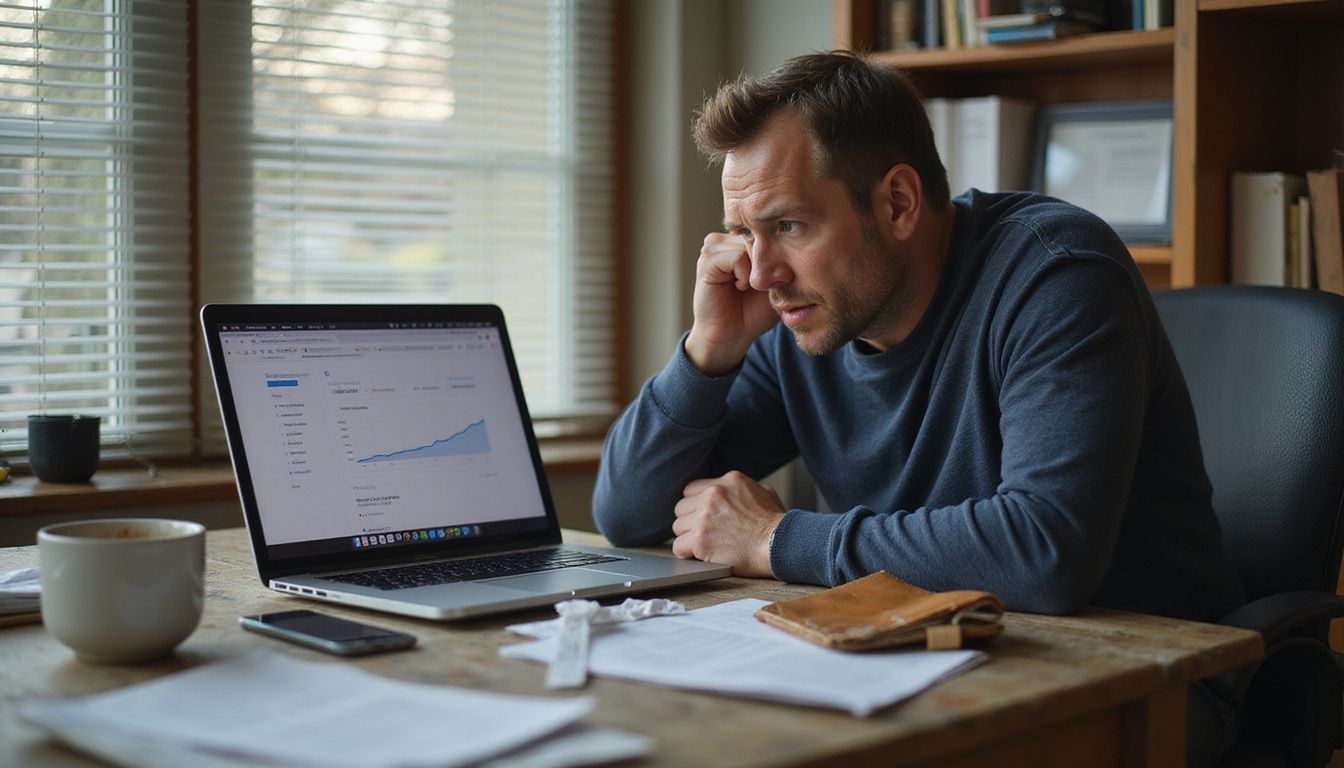 A stressed man analyzes Google Ads metrics at a cluttered desk.