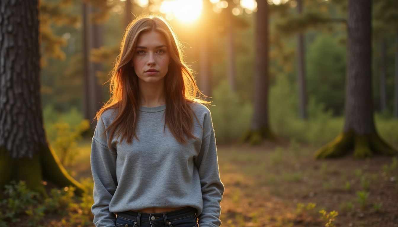 A young woman stands outdoors, wearing a gray sweatshirt and jeans. A young woman stands outdoors, wearing a gray sweatshirt and jeans.