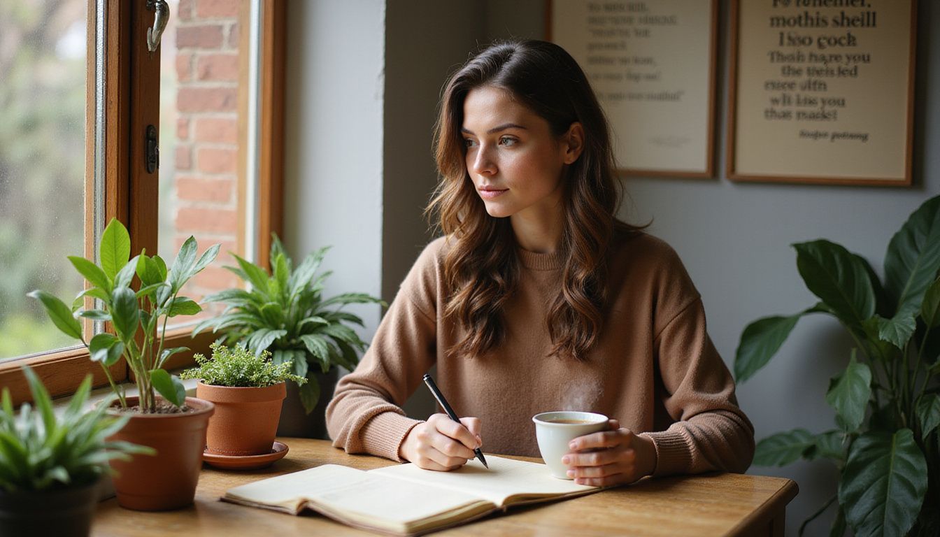 A woman writes in a journal while enjoying tea and plants. A woman writes in a journal while enjoying tea and plants.