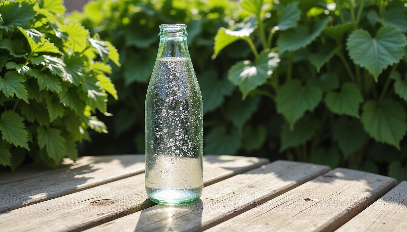 A sparkling water bottle sits on a weathered wooden table surrounded by greenery. A sparkling water bottle sits on a weathered wooden table surrounded by greenery.