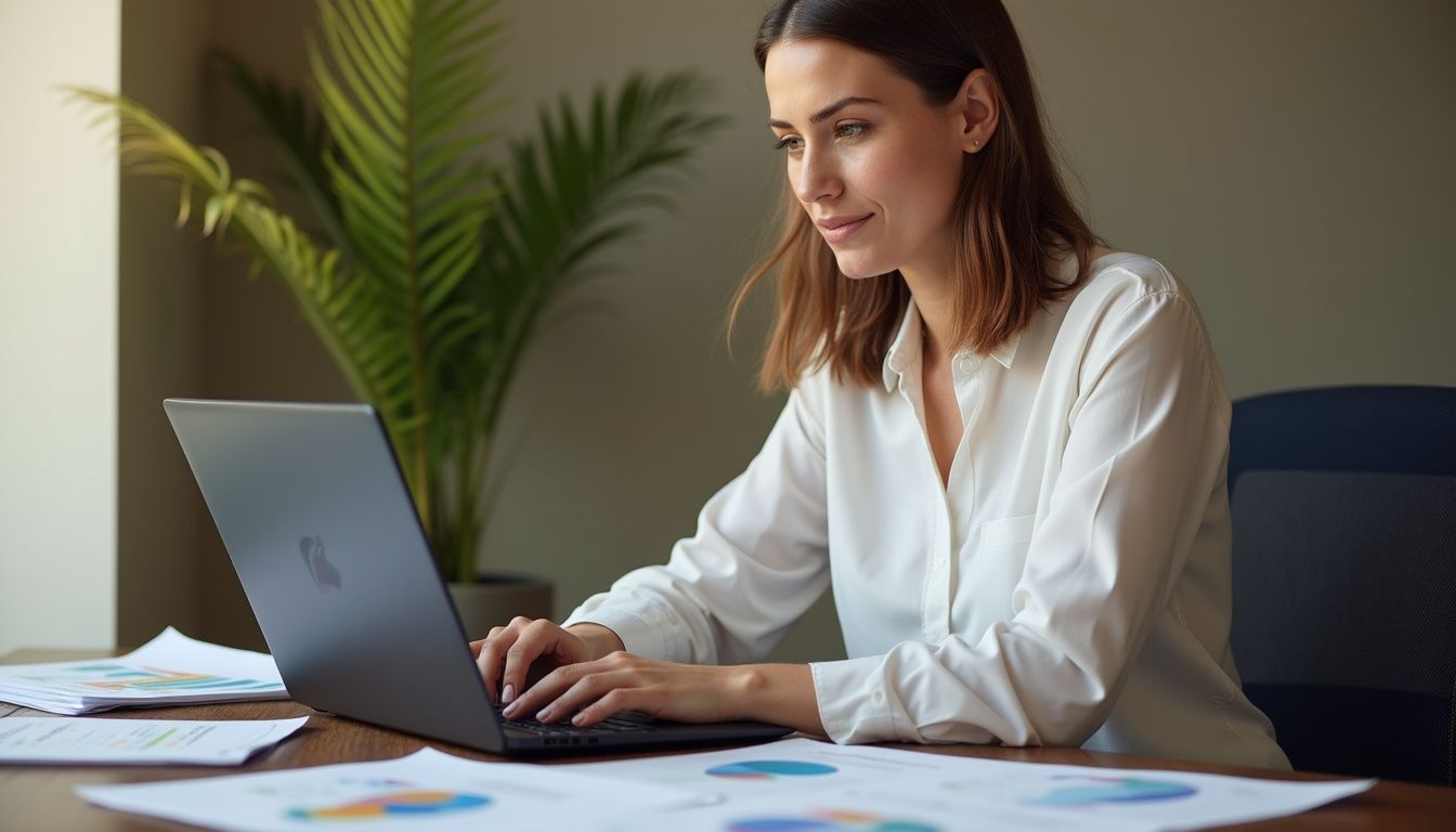 A focused woman works diligently at a modern office desk.