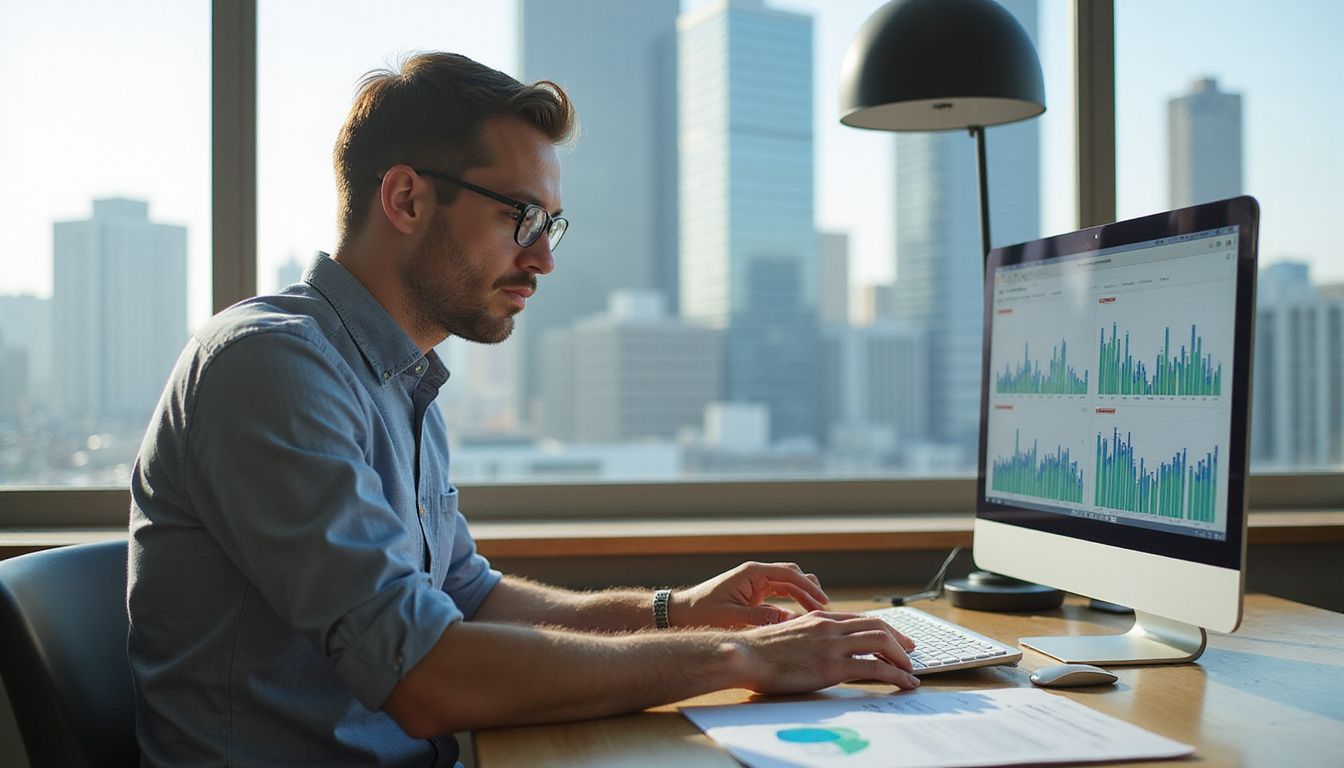 A focused man analyzes marketing data at a polished wooden desk.