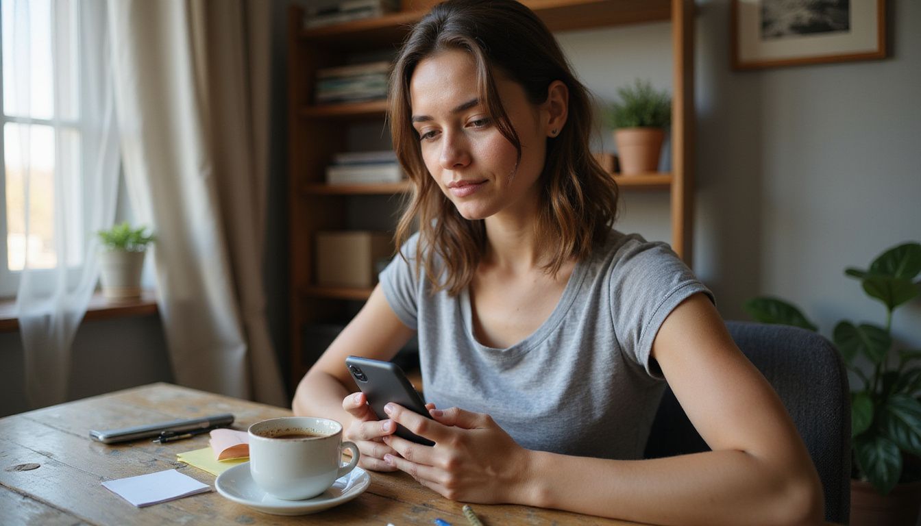 A woman relaxes at a desk, scrolling through her smartphone. A woman relaxes at a desk, scrolling through her smartphone.