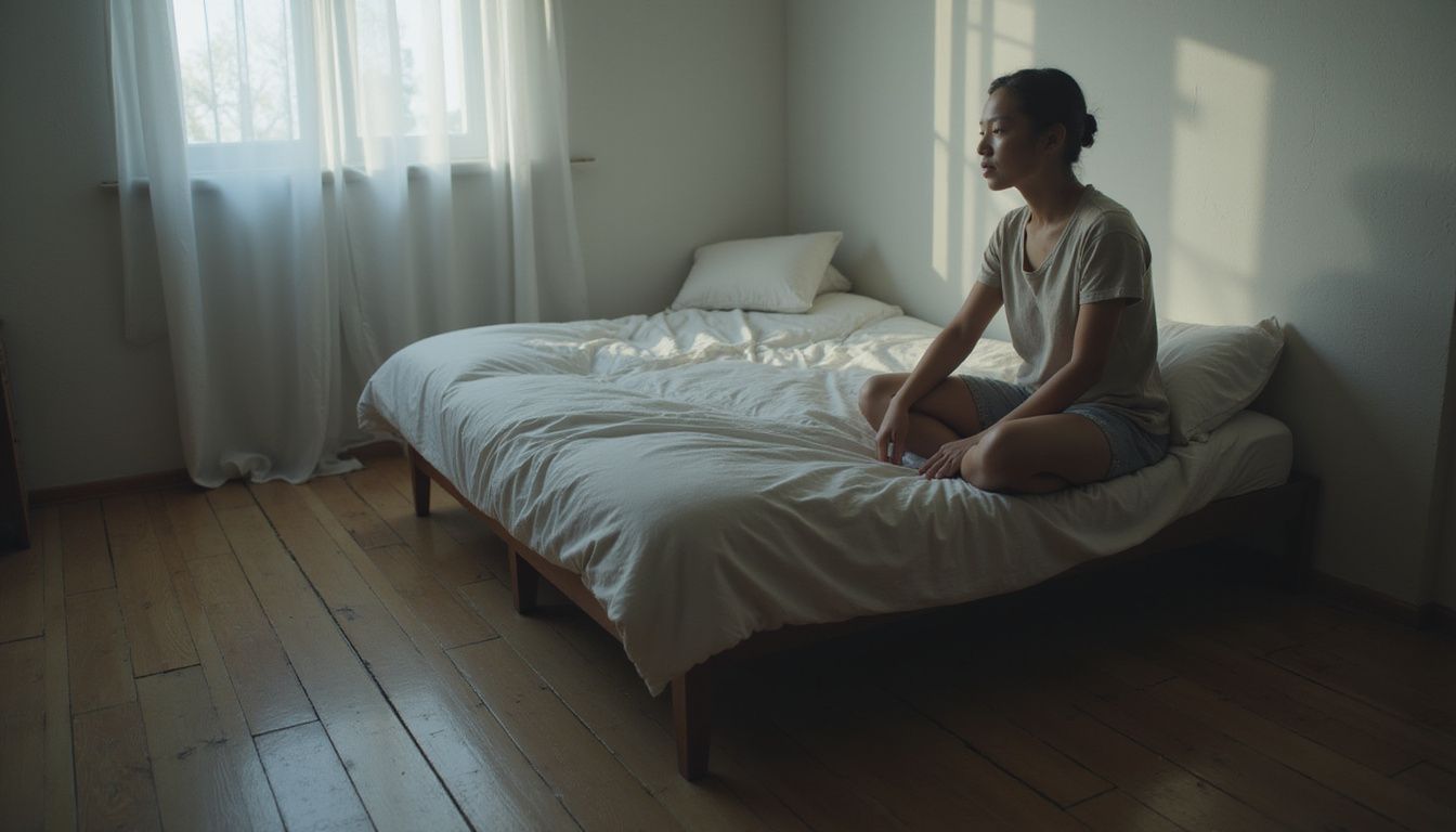 A serene figure sits in a modest, inviting bedroom. A serene figure sits in a modest, inviting bedroom.
