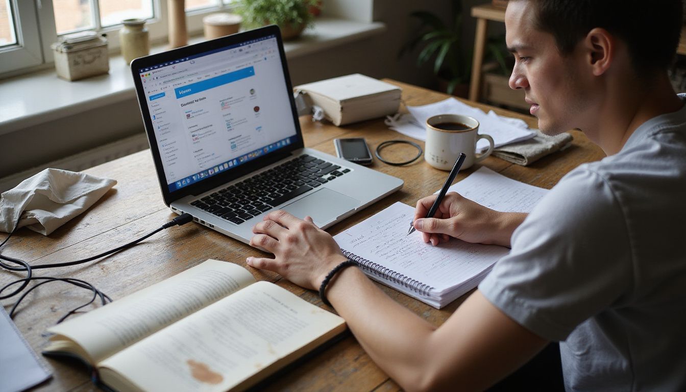 A cluttered desk contrasts with an organized laptop screen.