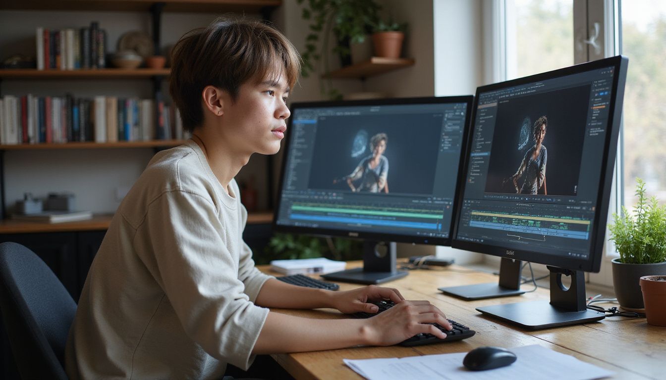 Young adult focused on AI video creation at a wooden desk.