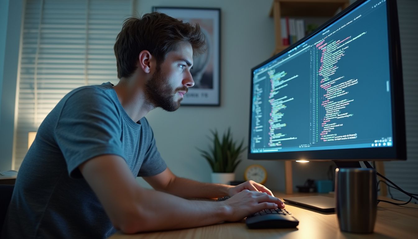 A focused man analyzes code at a wooden desk surrounded by tech.