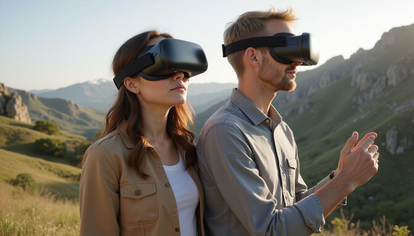 A couple experiences an immersive virtual reality adventure together.