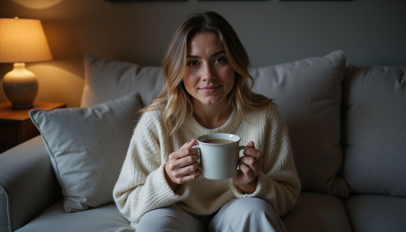 A relaxed woman sips chamomile tea on a cozy couch. A relaxed woman sips chamomile tea on a cozy couch.