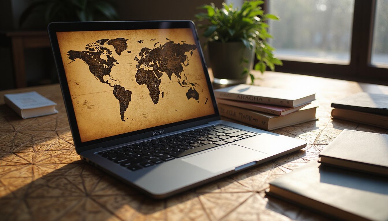 A laptop displaying a world map surrounded by travel guides and books. Laptop with a world map beside travel books, hinting at global targeting.