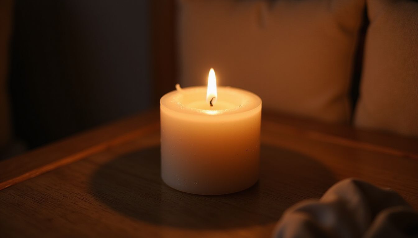 A glowing soy wax candle creates a serene, tranquil atmosphere.