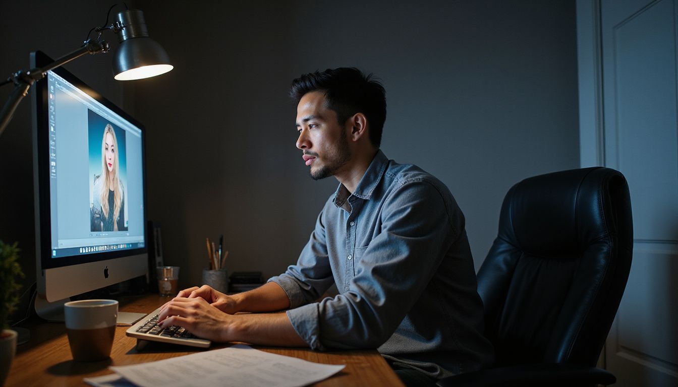A focused individual edits an image at a cluttered wooden desk.