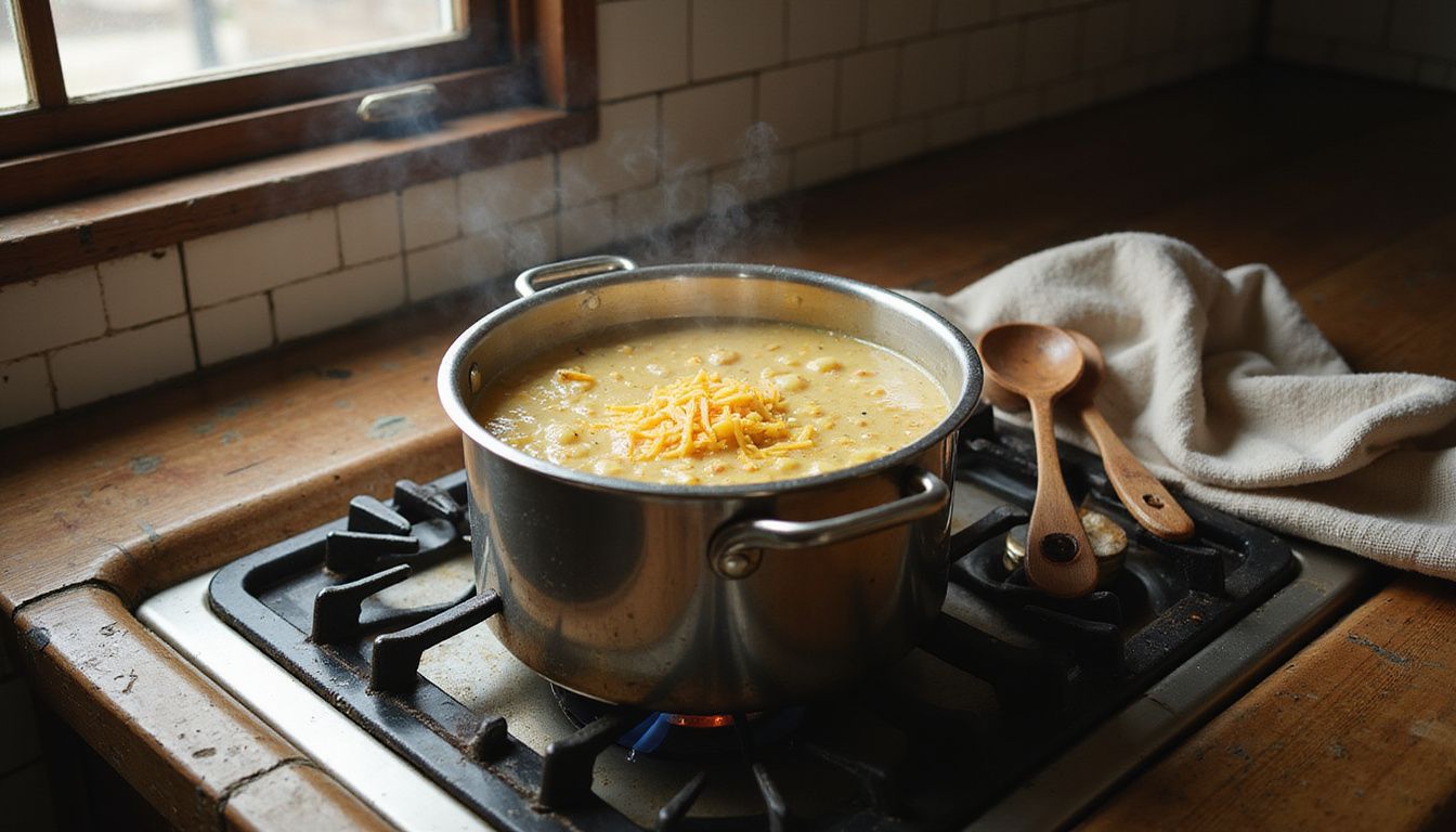 A rustic kitchen features a bubbling Cheddar Potato Chowder on the stove.