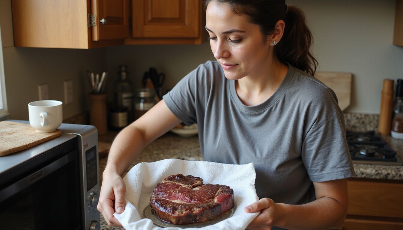 A woman places a ribeye steak in the microwave. A woman places a ribeye steak in the microwave.