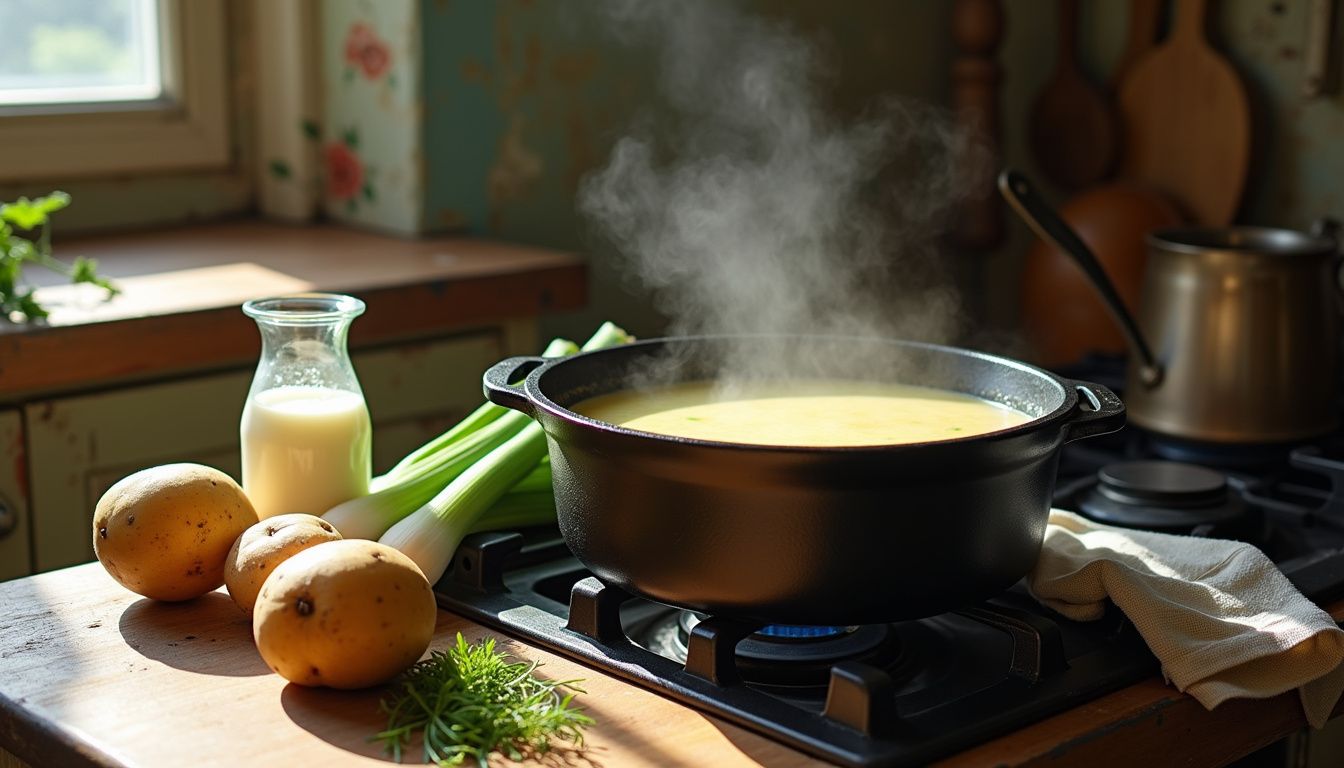A rustic kitchen scene with simmering potato leek soup and fresh ingredients.