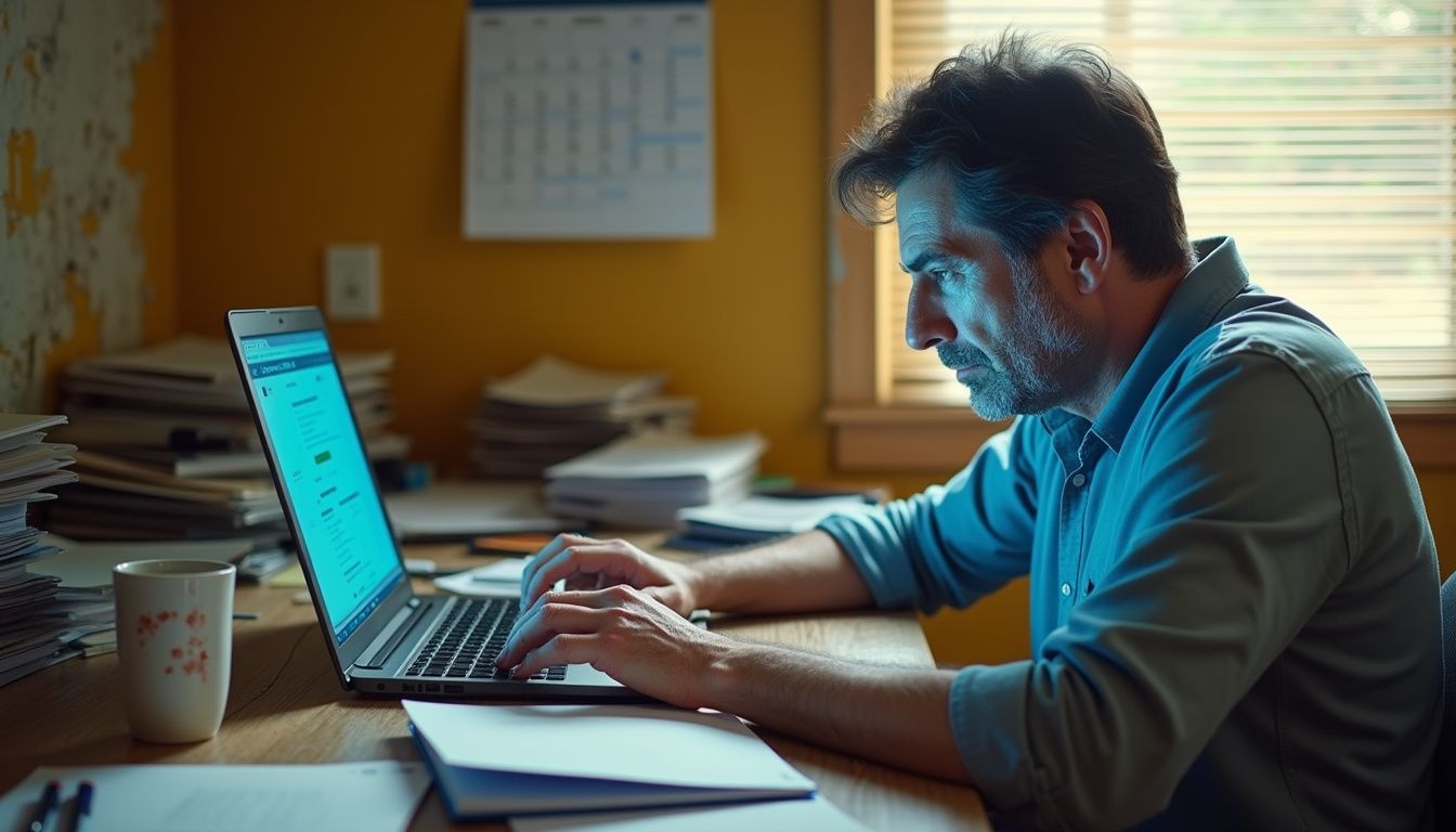 A frustrated small business owner works amidst a cluttered desk. Small business owner testing new ad platforms with a busy desk setup.