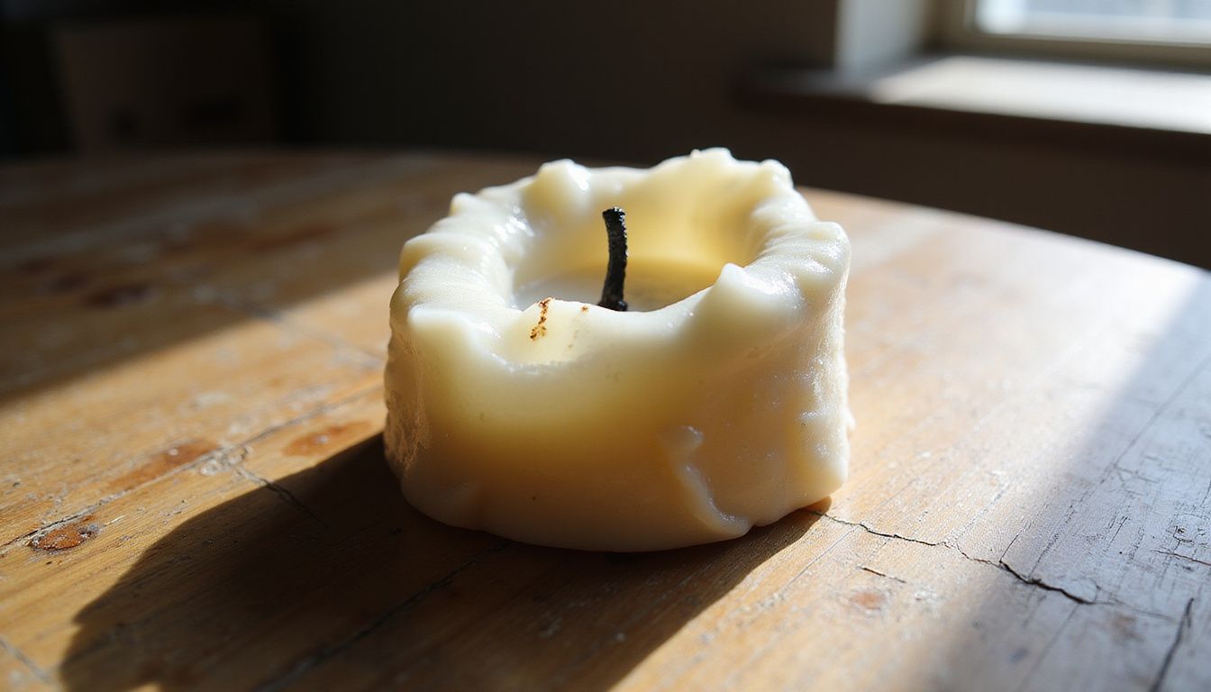 A partially burned beeswax candle rests on a weathered oak table.