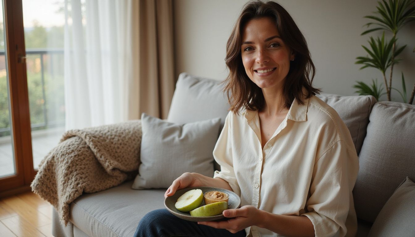 A woman enjoys apple slices and almond butter on her couch. A woman enjoys apple slices and almond butter on her couch.