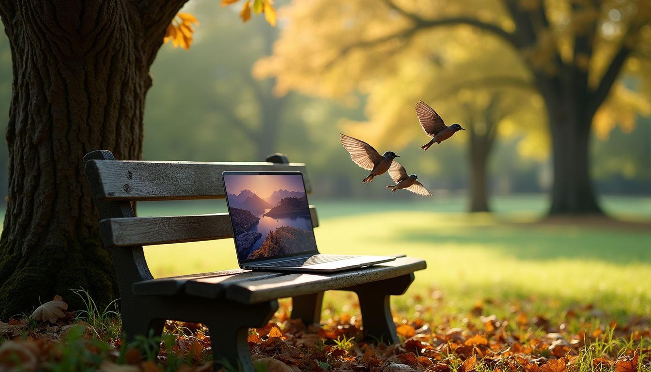 A serene park scene features a laptop on a wooden bench.