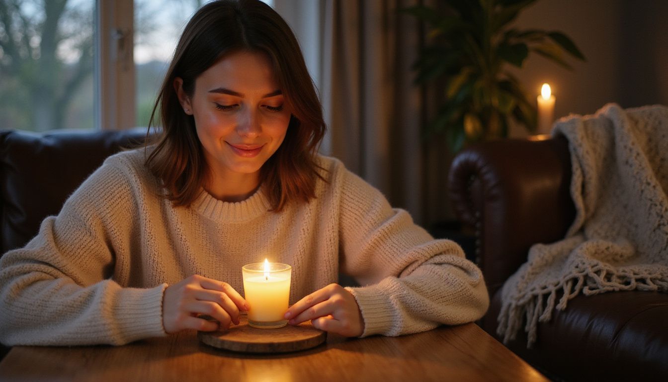 A woman gently trims a candle wick at a cozy table.