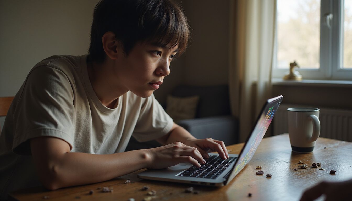 Young adult locked in on a laptop while a game round runs.