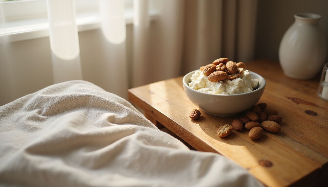 A serene bedroom scene featuring cottage cheese topped with nuts. A serene bedroom scene featuring cottage cheese topped with nuts.