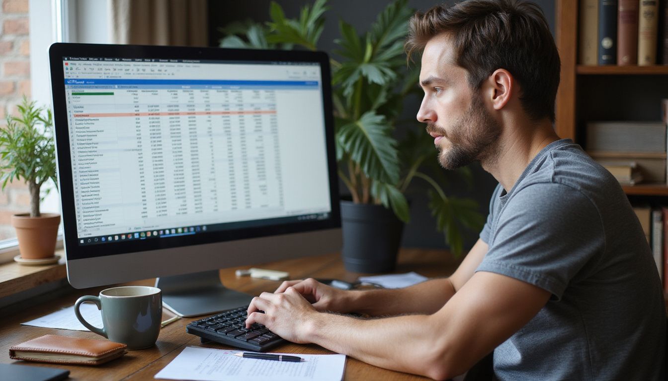 A focused man analyzes a budget spreadsheet at a cluttered desk. Advertiser checking a budget sheet while reviewing campaign trends.