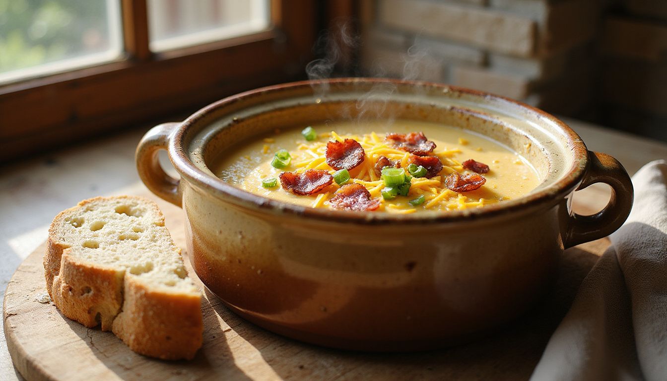 A rustic kitchen showcases creamy baked potato soup and artisan bread.