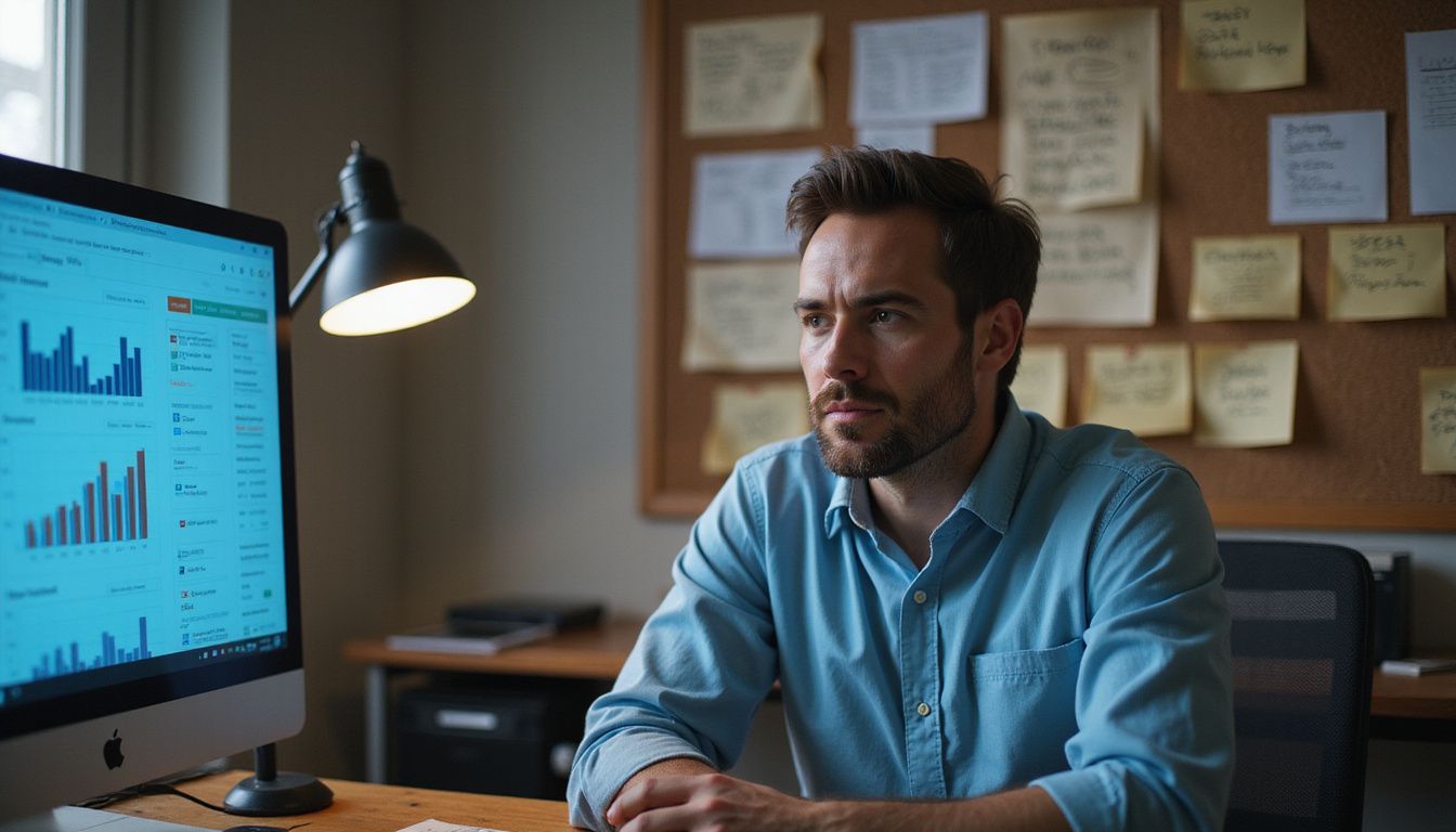 A focused man analyzes affiliate marketing metrics at a cluttered desk. Marketer reviewing metrics and notes before scaling campaigns.