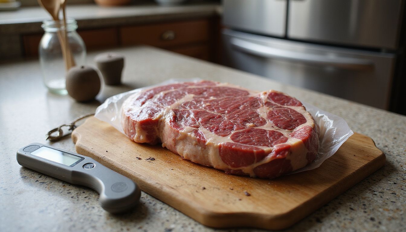 A marbled ribeye steak is vacuum-sealed on a rustic cutting board. A marbled ribeye steak is vacuum-sealed on a rustic cutting board.