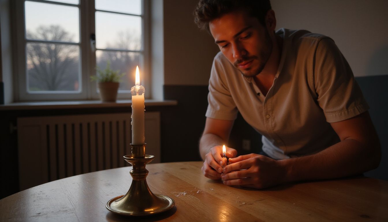 A person extinguishes a candle in a cozy, orderly room.