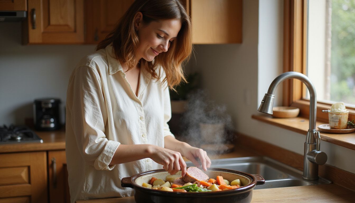 A woman stirs a comforting meal in a cozy kitchen.