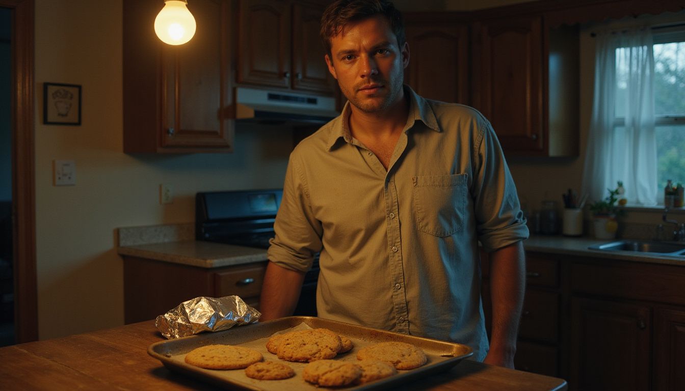 An adult contemplates freshly baked cookies in a modest kitchen. An adult contemplates freshly baked cookies in a modest kitchen.