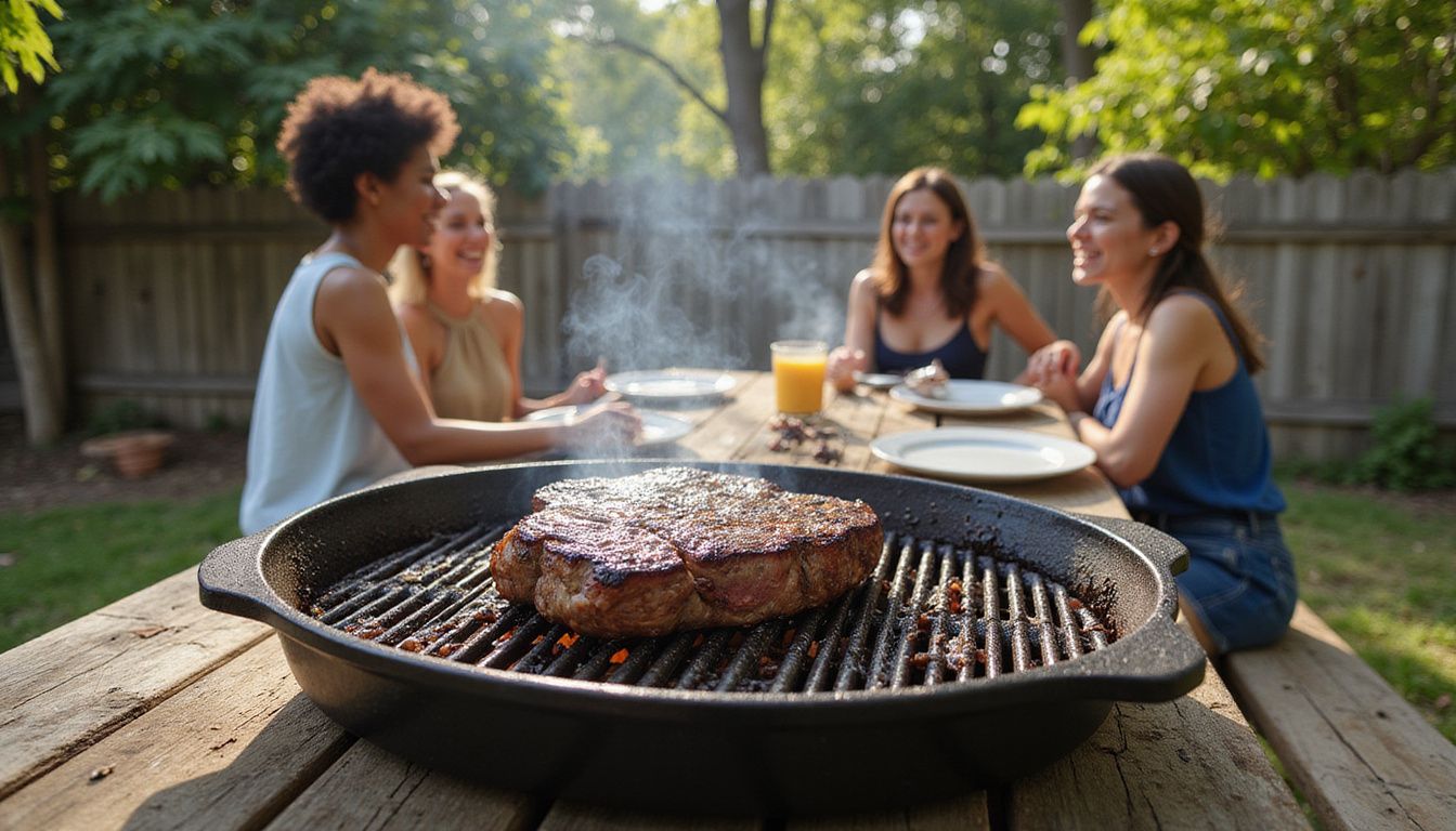 A medium-rare steak sizzles on a cast iron grill outdoors. A medium-rare steak sizzles on a cast iron grill outdoors.