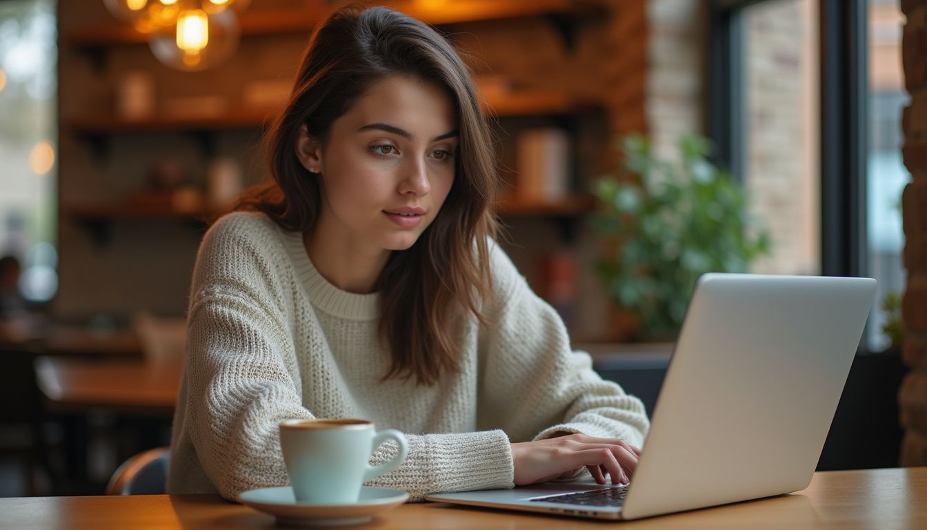 A young adult engages with a laptop at a café table.
