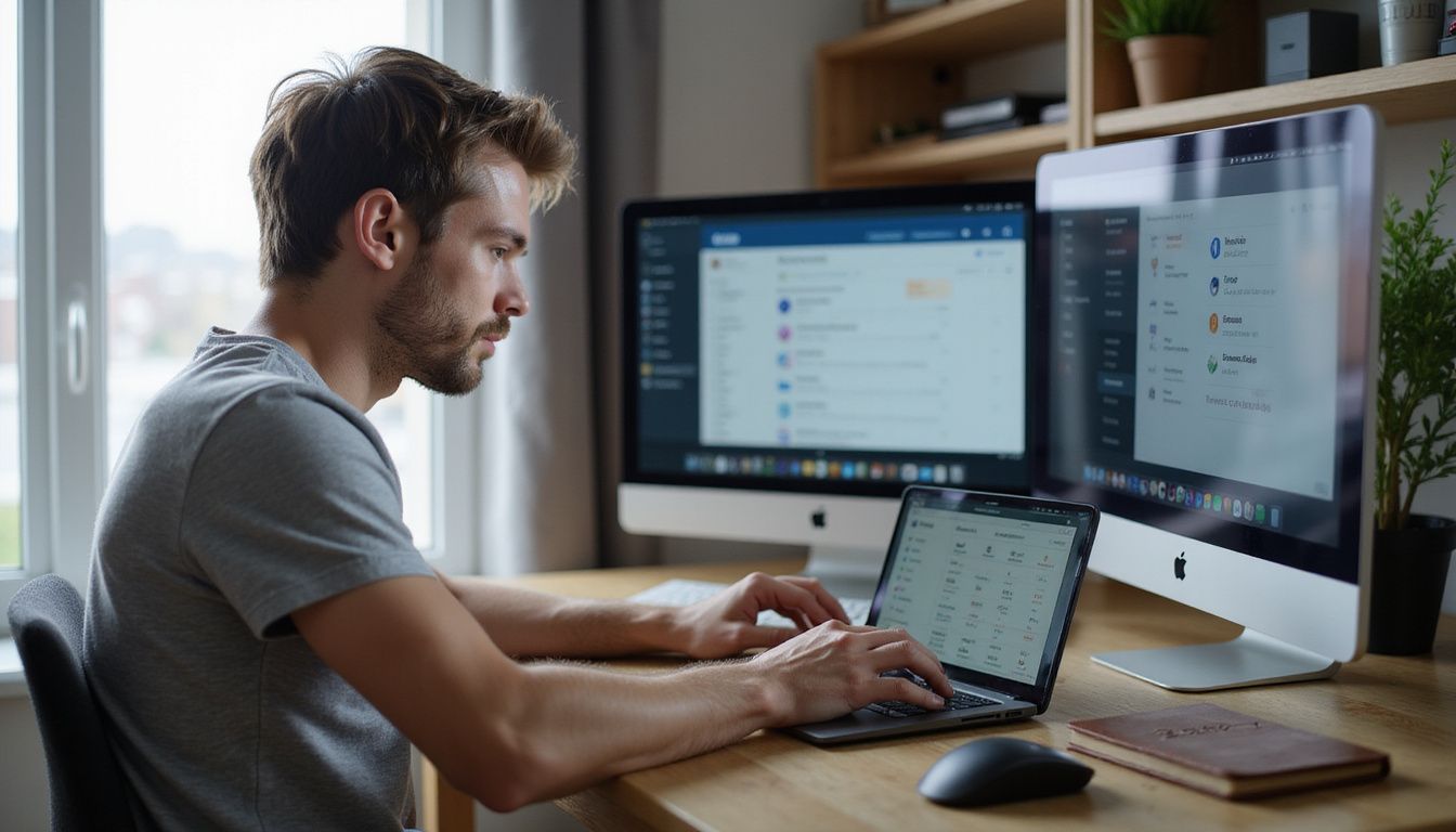 A focused man analyzes cryptocurrency wallets on multiple screens.