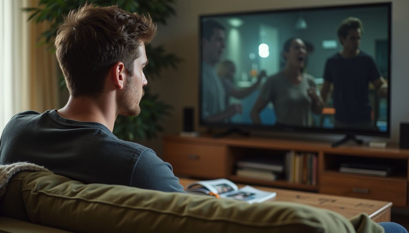 A man sits on a sofa, engrossed in an action-packed TV show.