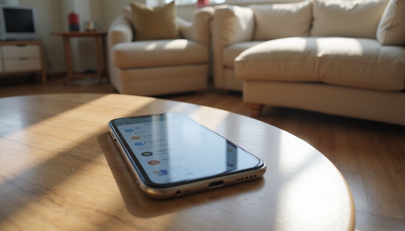 A smartphone displays a cryptocurrency wallet app on a coffee table.