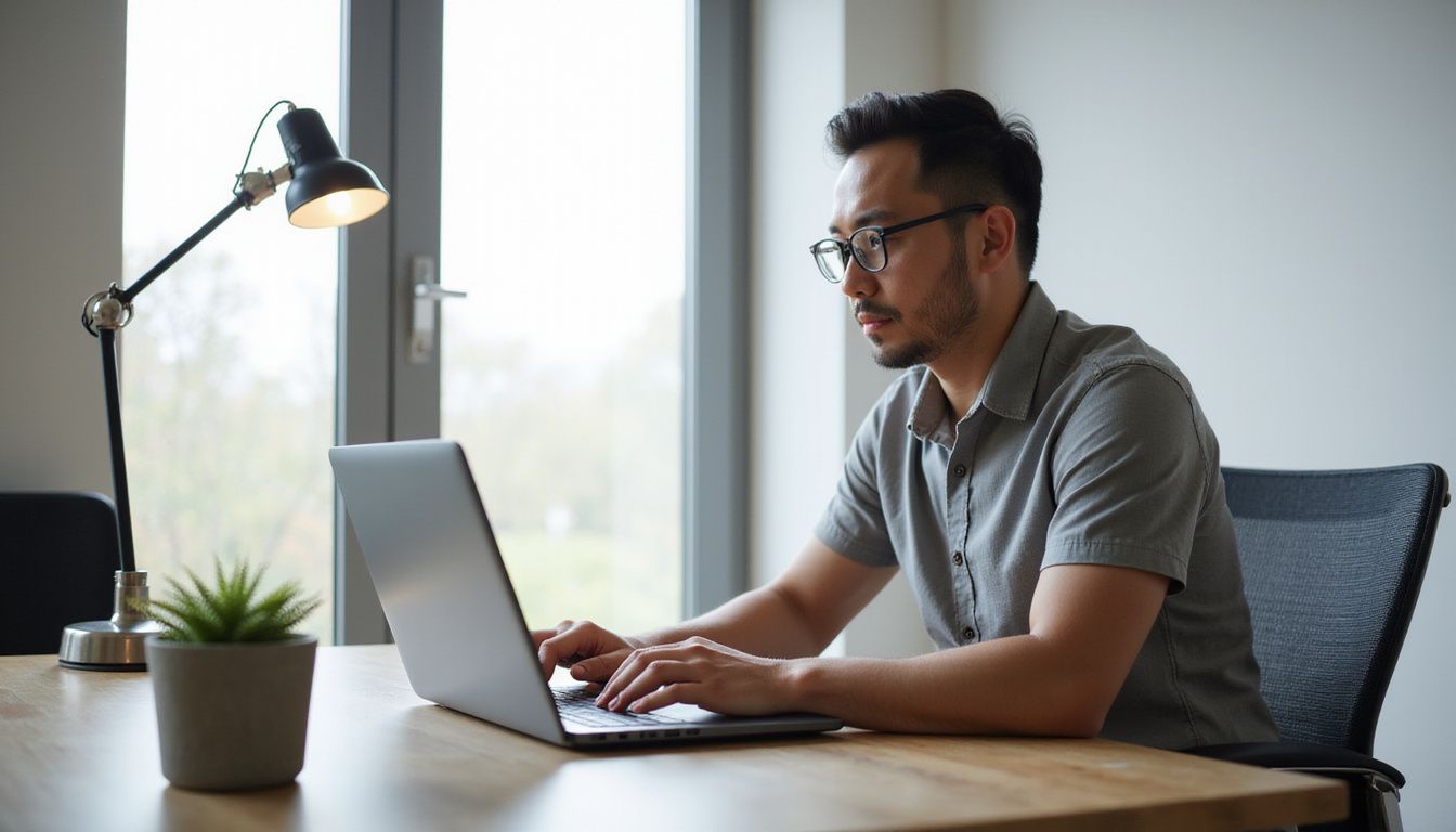 A focused individual works at a sleek, minimalist office desk.