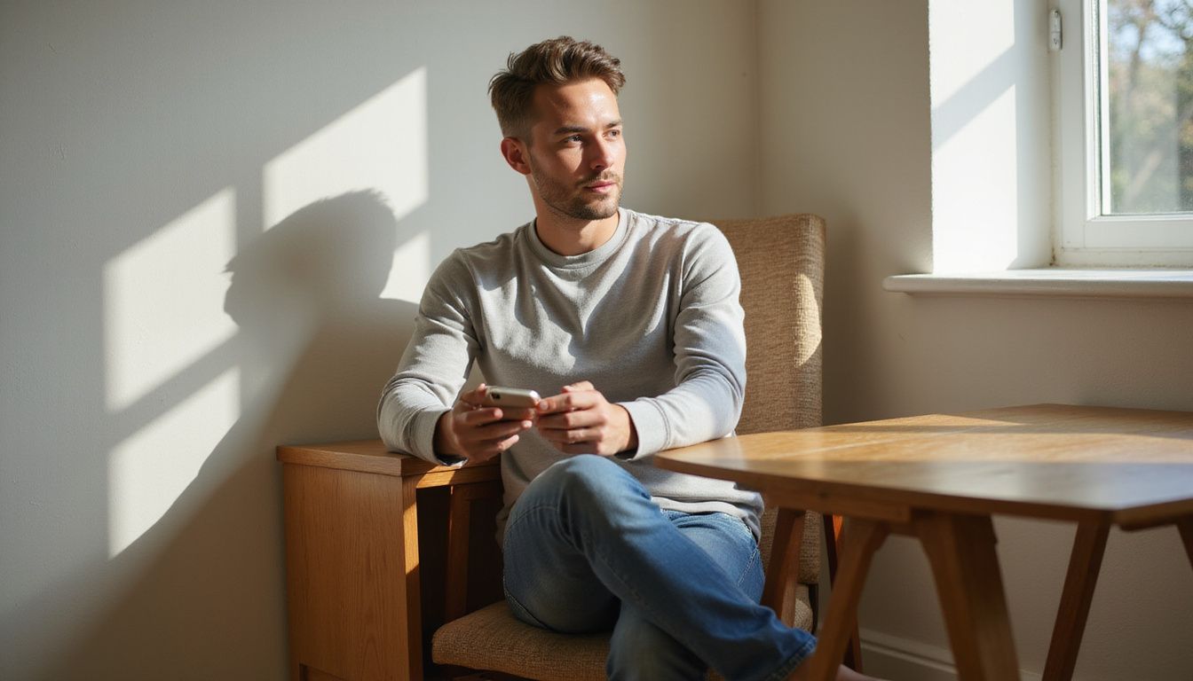 A person uses a smartphone at a compact wooden desk.
