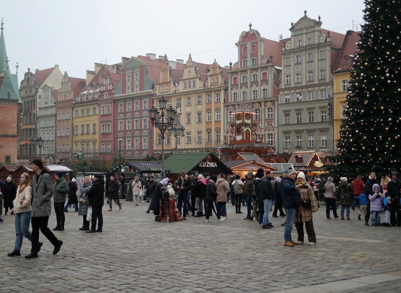 Colorful buildings in a festive square