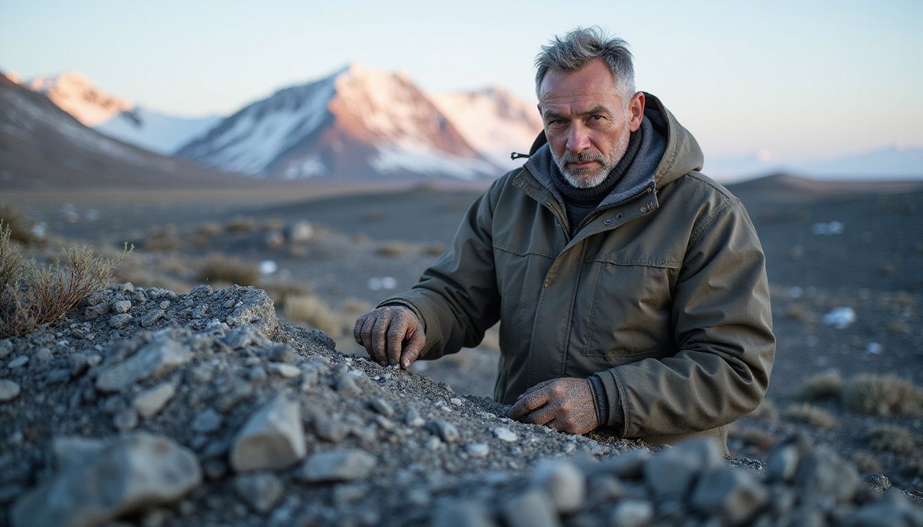 A worker searches for rare earth minerals in Greenland's Arctic terrain. A worker searches for rare earth minerals in Greenland's Arctic terrain.