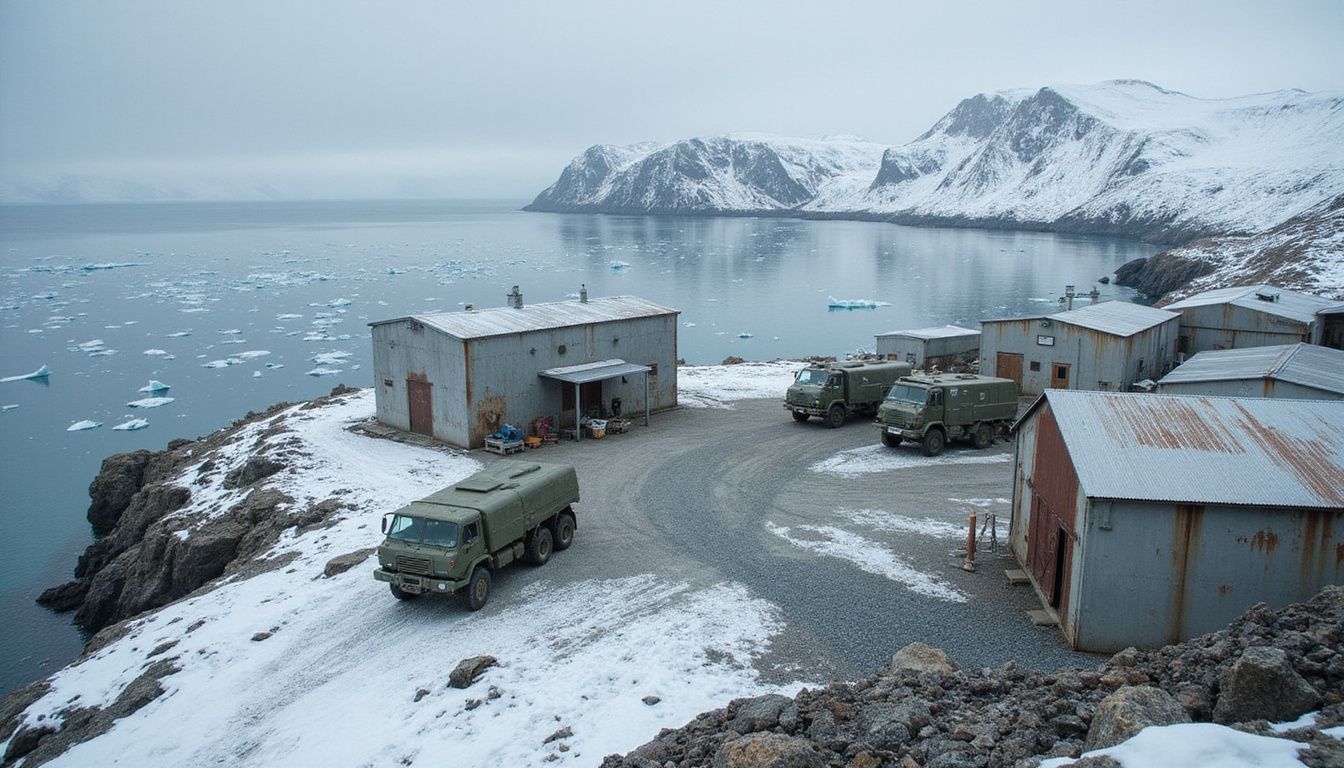 Military base on Greenland's coastline amid icy Arctic surroundings. Military base on Greenland's coastline amid icy Arctic surroundings.