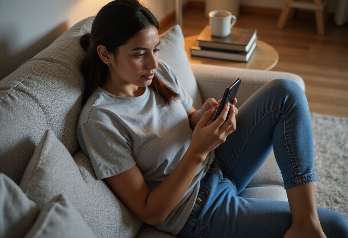 A young adult relaxes on a couch, using a smartphone app. A young adult relaxes on a couch, using a smartphone app.