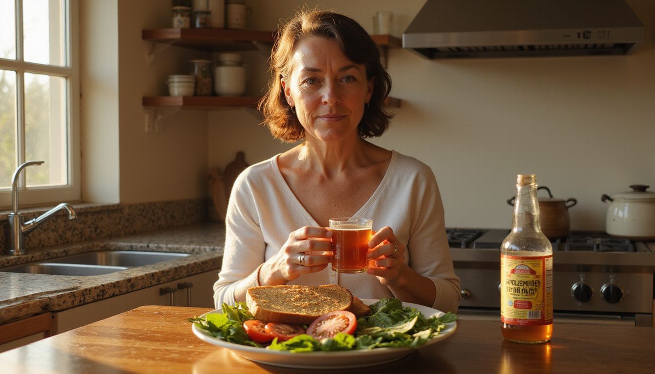 A middle-aged woman contemplates while holding apple cider vinegar in her kitchen. A middle-aged woman contemplates while holding apple cider vinegar in her kitchen.