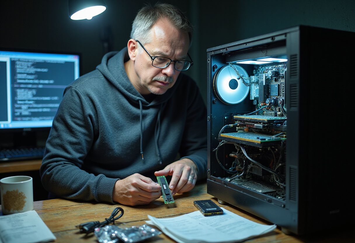 A focused man installs computer hardware on a cluttered desk.