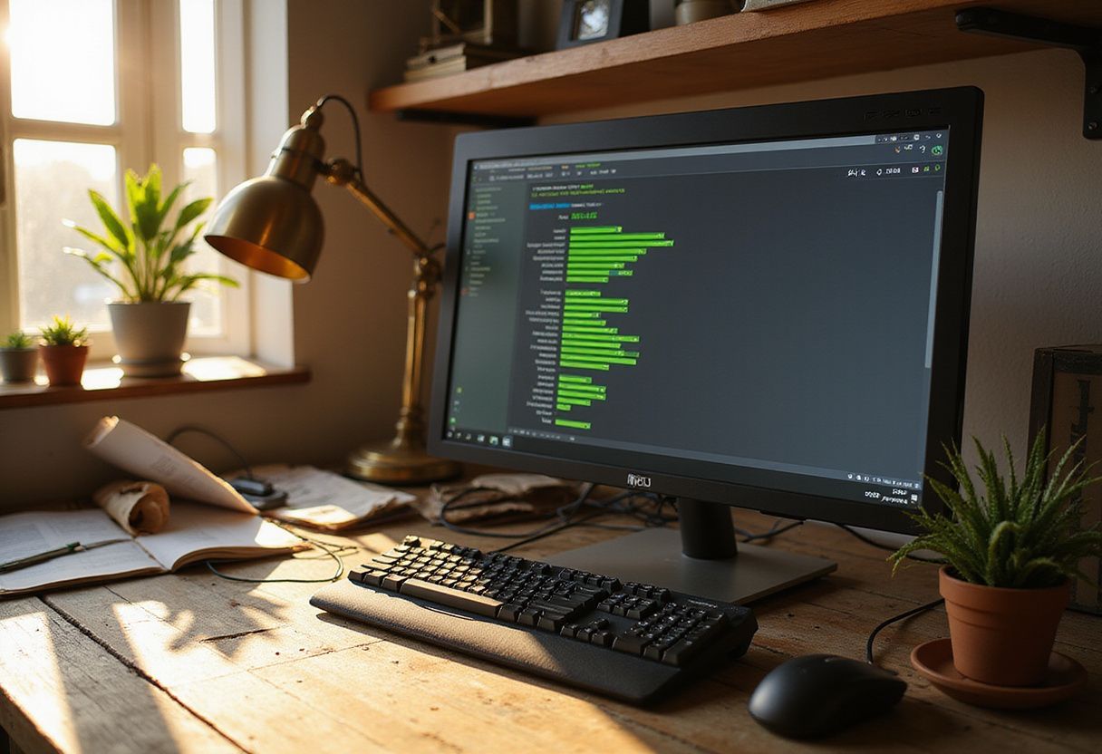 A cluttered office desk features a monitor displaying Task Manager metrics.