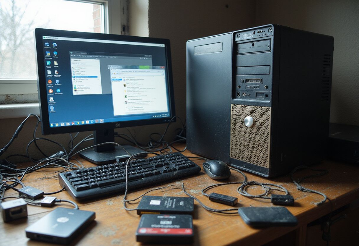 A cluttered tech workspace filled with devices and tangled cables.
