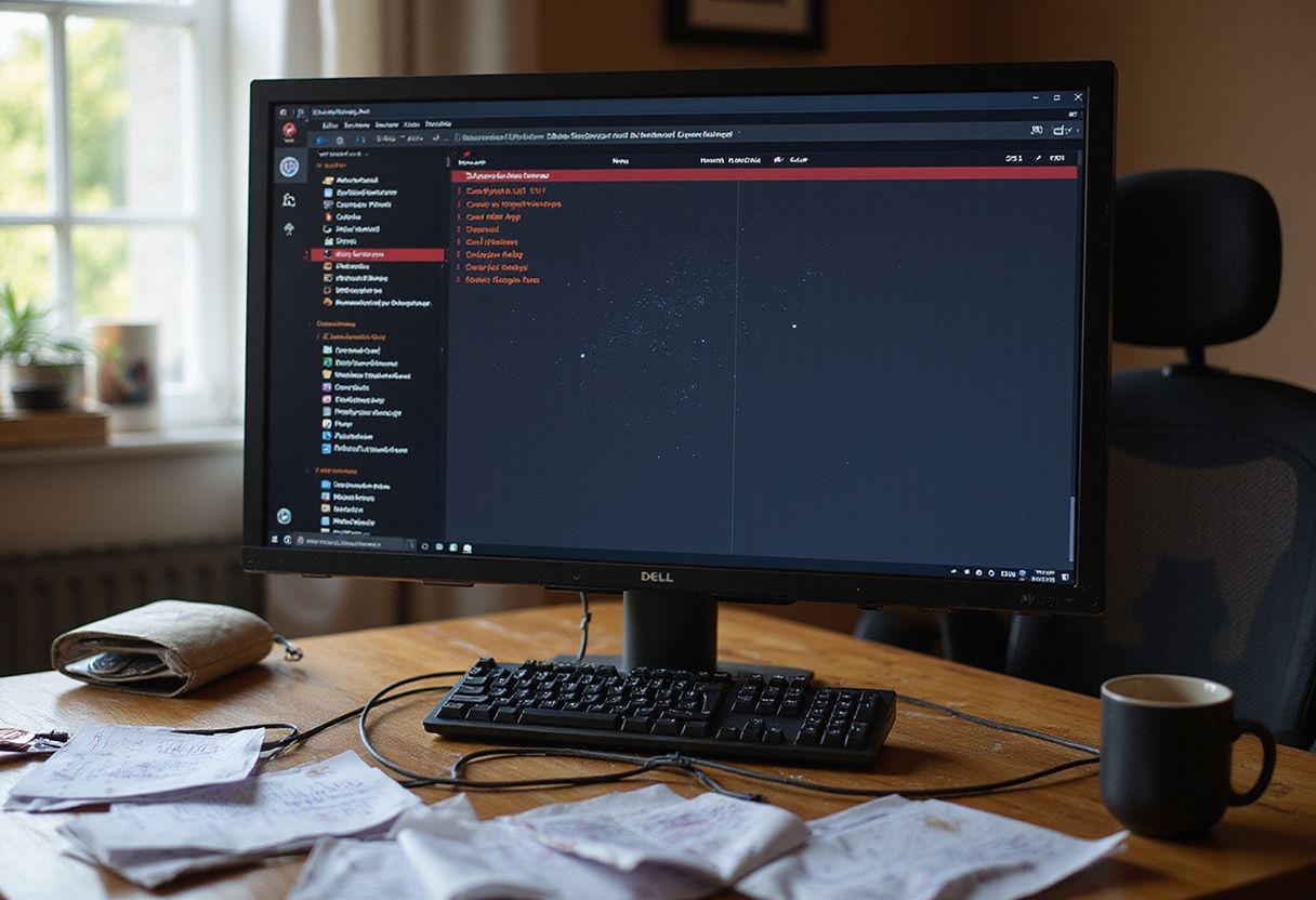 A cluttered desk features a Dell monitor displaying high CPU and RAM usage.