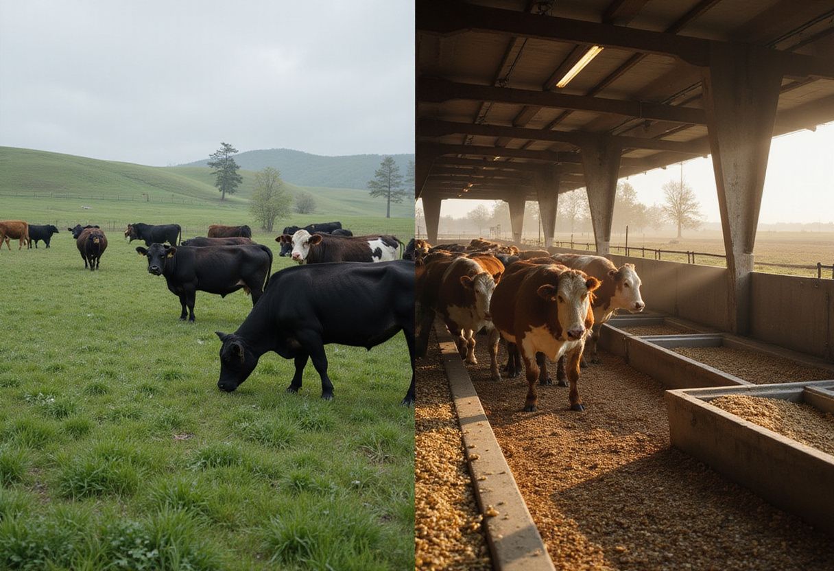 Comparison of two cattle farming operations: pasture vs. industrial pens.